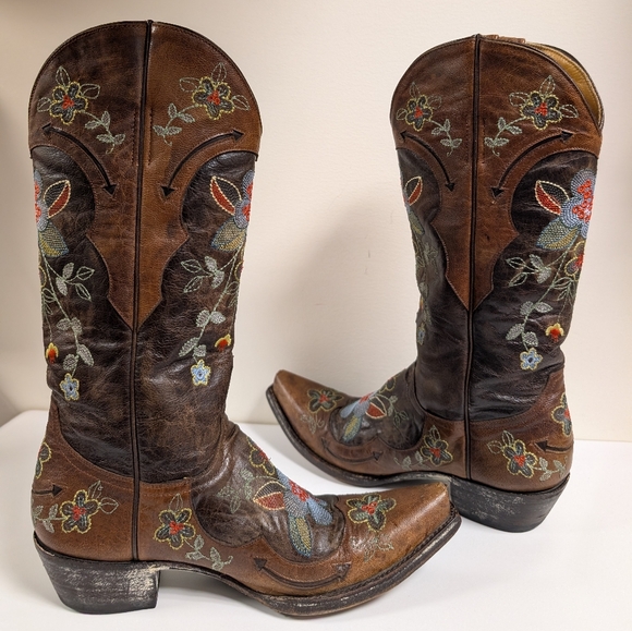 Old Gringo Bonnie Floral Embroidered Cowboy Boots Brown Distressed - Picture 4 of 16